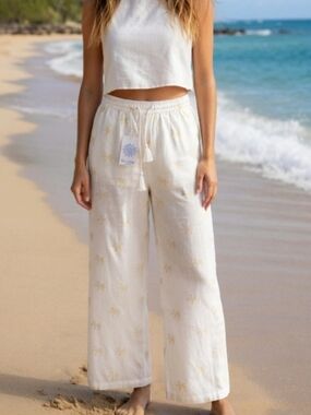 NWT White Linen Wide Leg Pants Ankle Boho Quiet Luxury Beach Gold Palm Trees M